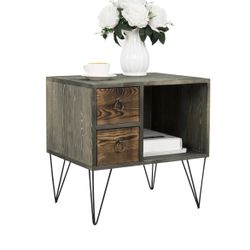 MyGift 19 Inch Short End Table, Brown Solid Wood Bedroom Nightstand with Black Metal Legs, 2 Drawers and Open Cabinet, Side Table for Small Spaces