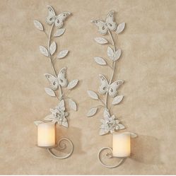 Touch of Class London Butterfly Candle Wall Sconce Set of Two - Metal - Ivory, Gold - Nature Inspired Wall Decor for Bedroom, Living Room, Bathroom, E