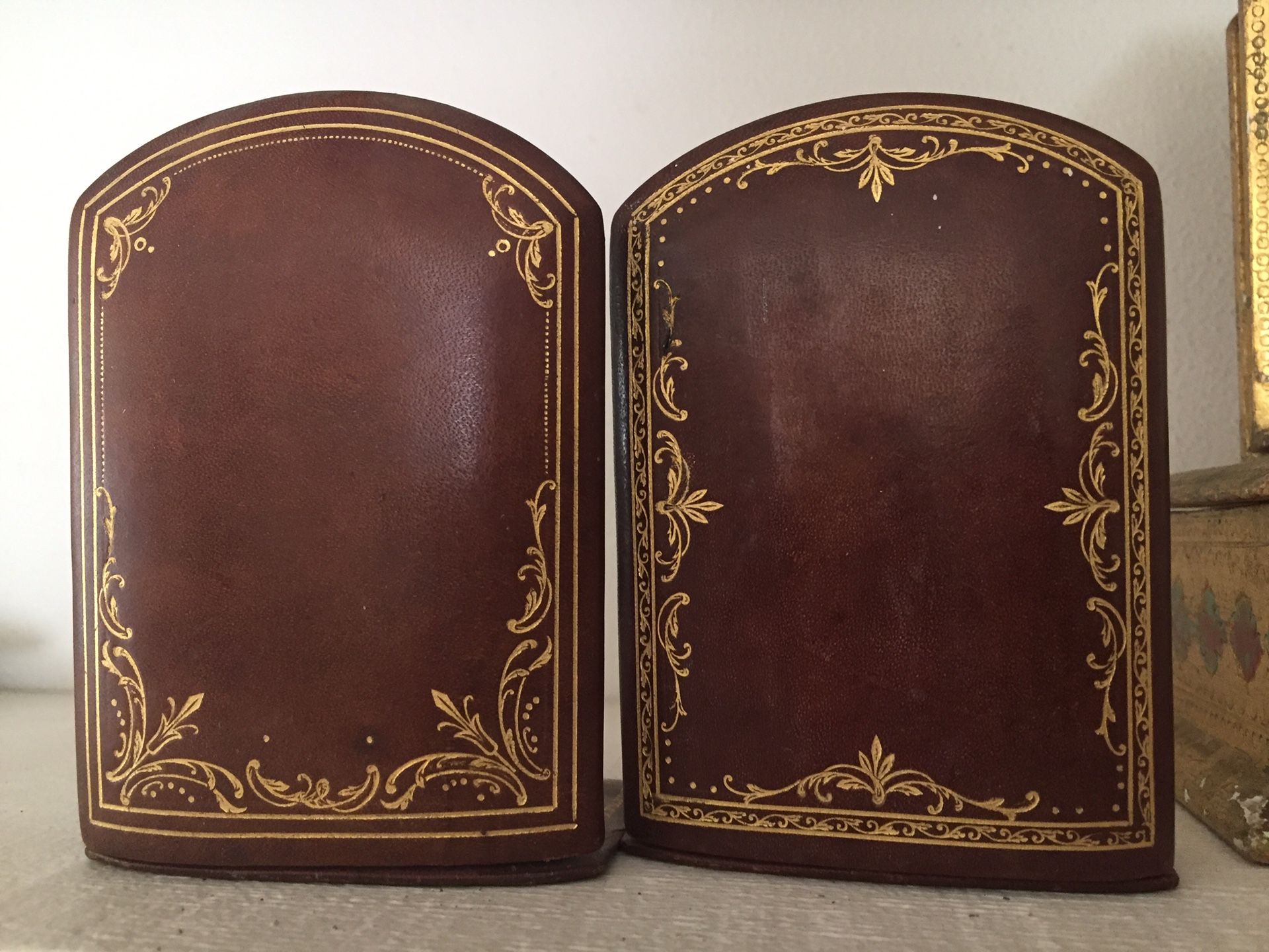 Antique Italian Leather With Gold Embossed Design, Hinged,  Bookends. Nice Condition . OBO