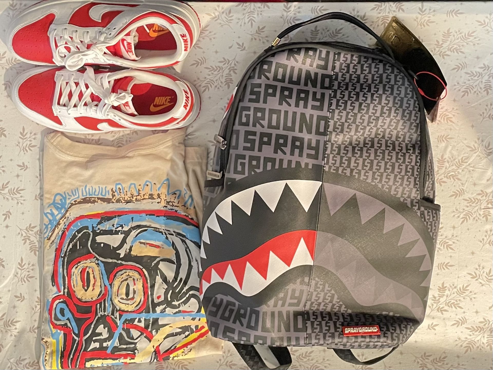 Back to School Bundle - Sprayground Backpack, Basquiat M Shirt, and Nike Sneakers