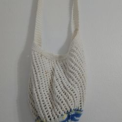 Handmade Crochet Tote Bag – White with Blue Yellow Stripes, Market Bag
