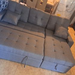 GRAY Linen Sectional Sofa W/storage Chaise And Pullout Bed