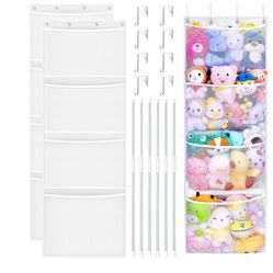 Over Door Organizer Storage for Stuffed Animal Storage Plush Toys Hanging Organizer with 4 Large Capacity Mesh Net Pockets & Support Bars
