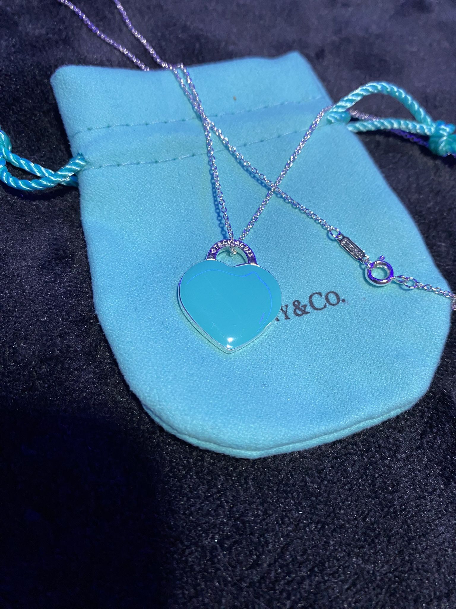 T & Co Blue Enamel Ag925 Heart Pendant Necklace New 