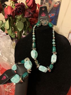 New jewelry set 3pcs color green and blu: necklace, bracelet and ring