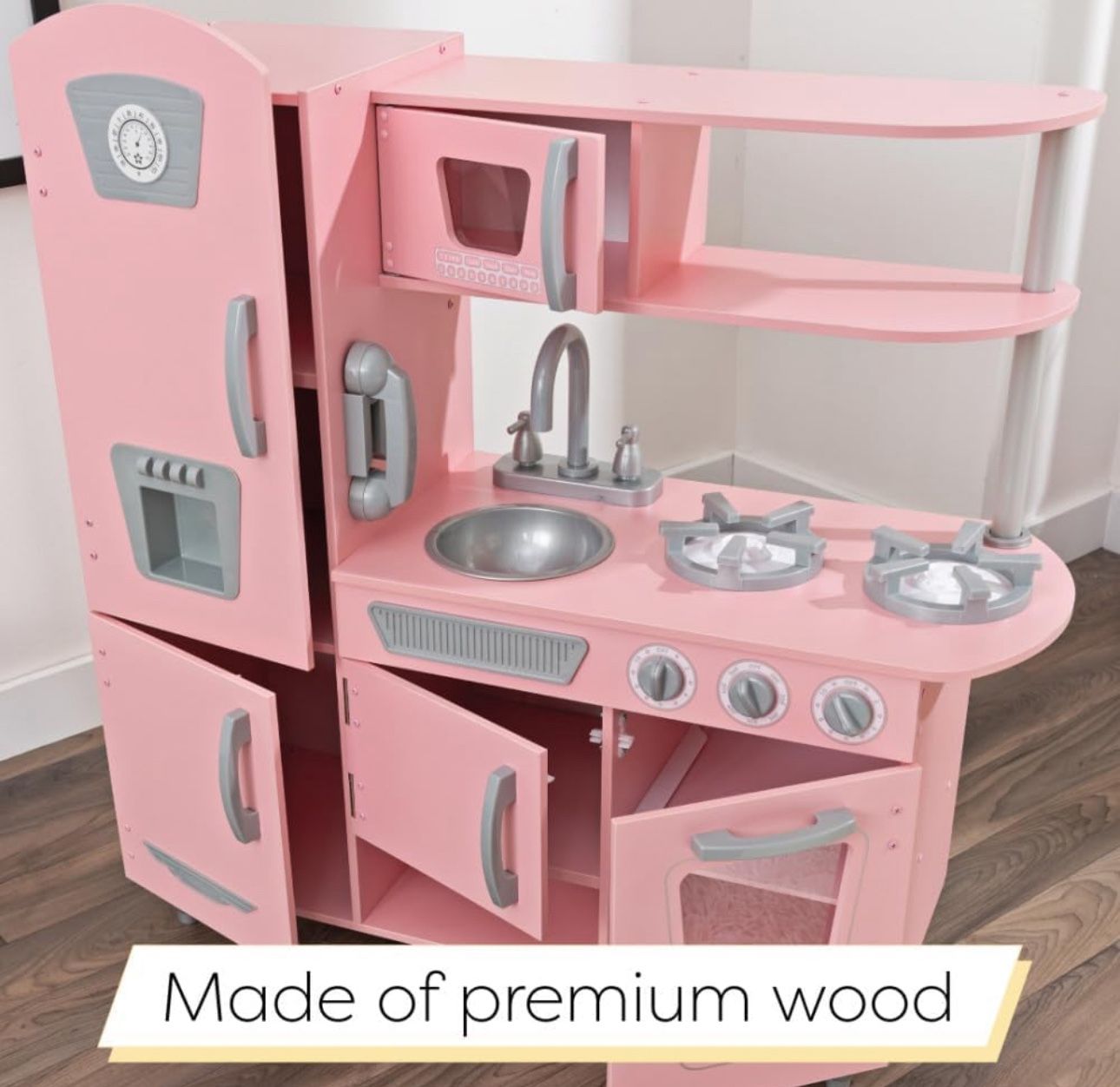 KidKraft Vintage Wooden Play Kitchen with Pretend Ice Maker and Play Phone, Pink
