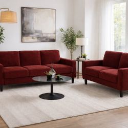 2 PIECE SOFA LOVE SEAT COUCH SET RUST RED FABRIC SILLONES 