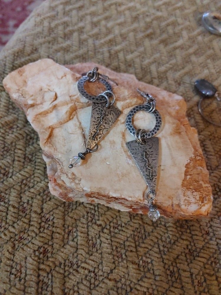 Hammered Silver drop pierced earrings