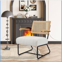 Accent Chairs - Living Room Chairs Mid-Century Modern Style Breathable Mesh Rattan Backrest Velvet Seat Oversized Bedrooms Reading Office White Black 