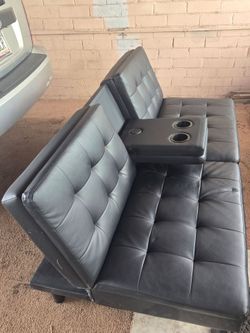 Black Faux Leather Futon Sofa with Cup Holders/USB Ports