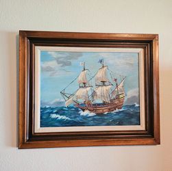 Vintage Nautical Ship Oil Painting Framed 18x24 (32.25"x26.5" Total) 1977 Statement Piece