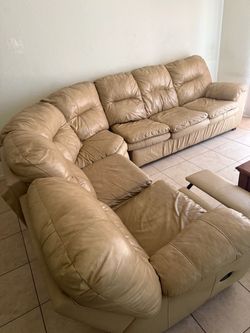 Beige Leather Sectional Sofa with Recliner