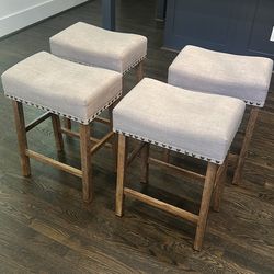 Bar stool set, taupe linen upholstered, barnwood finish