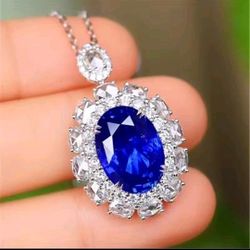 14k Gold NATURAL Blue Bizuteria Real Sapphire 925 Sterling Silver Oval Pendant Necklace 