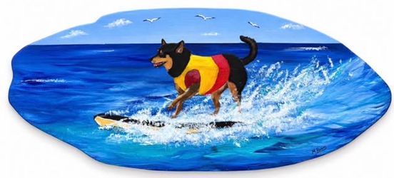 Original Hand Painted Surfing Dog Ocean Beach Art Wood Plaque Signed M Rubin