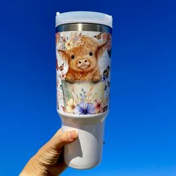 40oz Highland cow tumbler. Stainless steel, comes new in box with lid and straw. Christmas gift Baby Highland Cow In a Bucket 40 oz Tumbler BRAND NEW