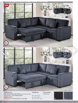 $550.  Sectional Pull Out Bed With Storage USB Cup Holder Available,I Ivory,Dark Gray,Corduroy