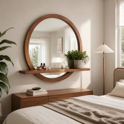 New Vercraft 36 Inch Round Wall Mirror with Shelf Solid Wood Frame