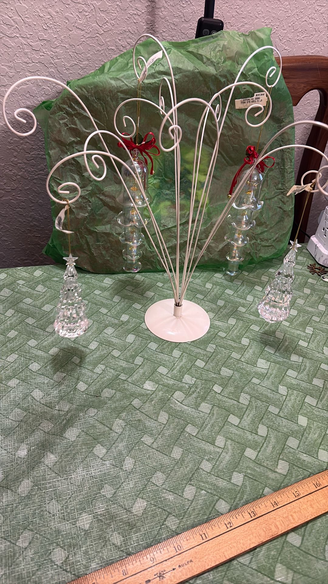 Ornaments- 6” 5 Tier Dangling Glass Bells And 2 5” Clear Christmas Trees