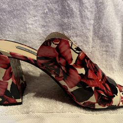 Prada Red Pink Floral Chunky Heel Mule