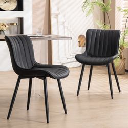 YOUNUOKE Black Dining Chairs Set of 2 Upholstered Mid Century Modern Kitchen Chair Armless Faux Leather Accent Guest Side Chairs with Back and Metal L