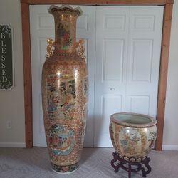 Satsuma 71" Hand Painted Asian Palace Vase with matching Fish Bowl