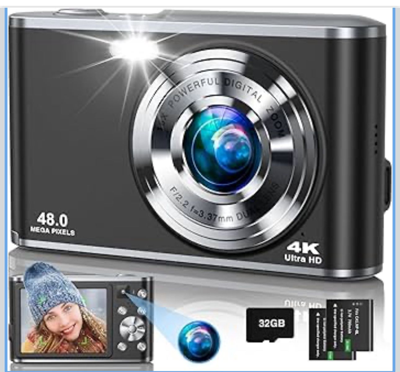 🔥Brand new🔥 4K Digital Camera, 48MP Autofocus Camera Selfie with Front and Rear Dual Lenses, 32GB Card, 2 Batteries, 16X Digital Zoom, Compact Trave