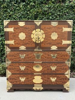Asian Burl Wood & Brass Korean Tansu Style Wedding Chest/Dresser