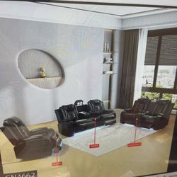 Full Power Black Leather Reclining Couch Set With Lights And Cup Holders!