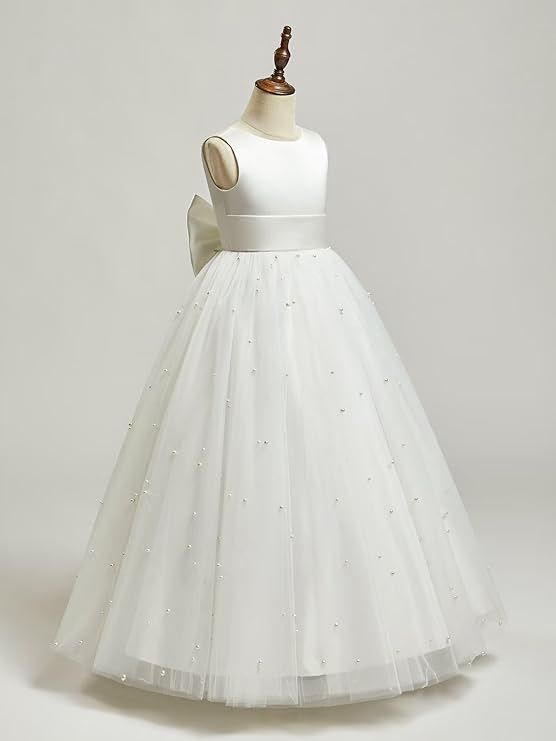 New White Flower Girl Dress with Pearls & Bow – Size 4T, Satin & Tulle