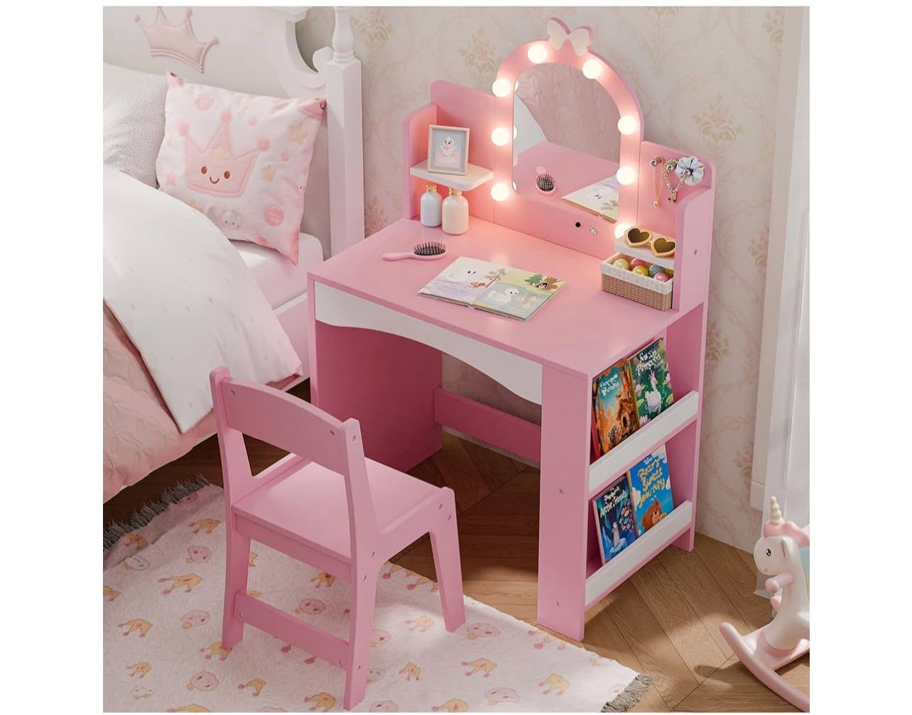 Brand new In The Box- Girls Vanity with Lights, Kids Vanity Table and Chair Set for Princess, Toddler Makeup Vanity Desk with Open Bookshelf, Storage 