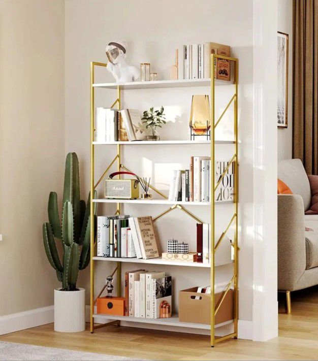 LO Tiers Bookshelf and Bookcase, r Modern Wide Gold Open Storage Book Shelves for Living Room Bedroom,
