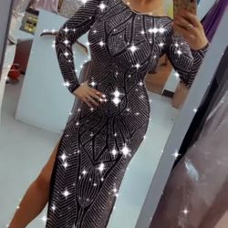 Long Black Crystal Dress