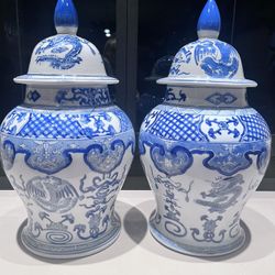 A Pair of Chinese 19th-20th Century Blue and White Pots with Lids