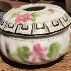 ANTIQUE HAND PAINTED HAIR RECEIVER DRESSER VANITY PINK FLOWERS