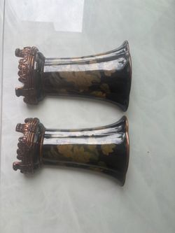 Pair of Black & Gold Floral Vases
