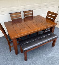 6-PC SOLID WOOD BROWN FINISH DINING SET (TABLE WITH LEAF, BENCH AND 4 PADDED CHAIRS)
