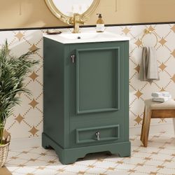 20 inch Bathroom Vanity with Ceramic Sink Countertop, Soft Close Door, Adjustable U-Shaped Shelf Compartment Drawer, and Door Storage Rack (Green)