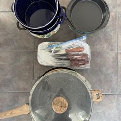 Various Kitchen ware Pots, Pans, Steak Knives, And Trays