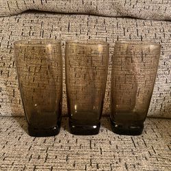Set of 3 Vintage Libbey Carrington Glasses Smokey Brown Square Highball 6.25"