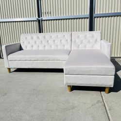 Brand New Ivory L-Shaped Reversible Sofa With Storage Chaise and Gold Legs 