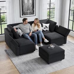92" 6 Seats Modular Velvet Sectional Sleeper Sofa with Storage, Black