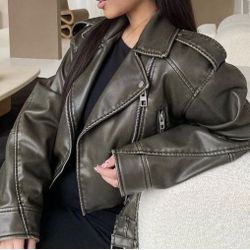 Zara Brown Green Faux Leather Moto Jacket Size XS
