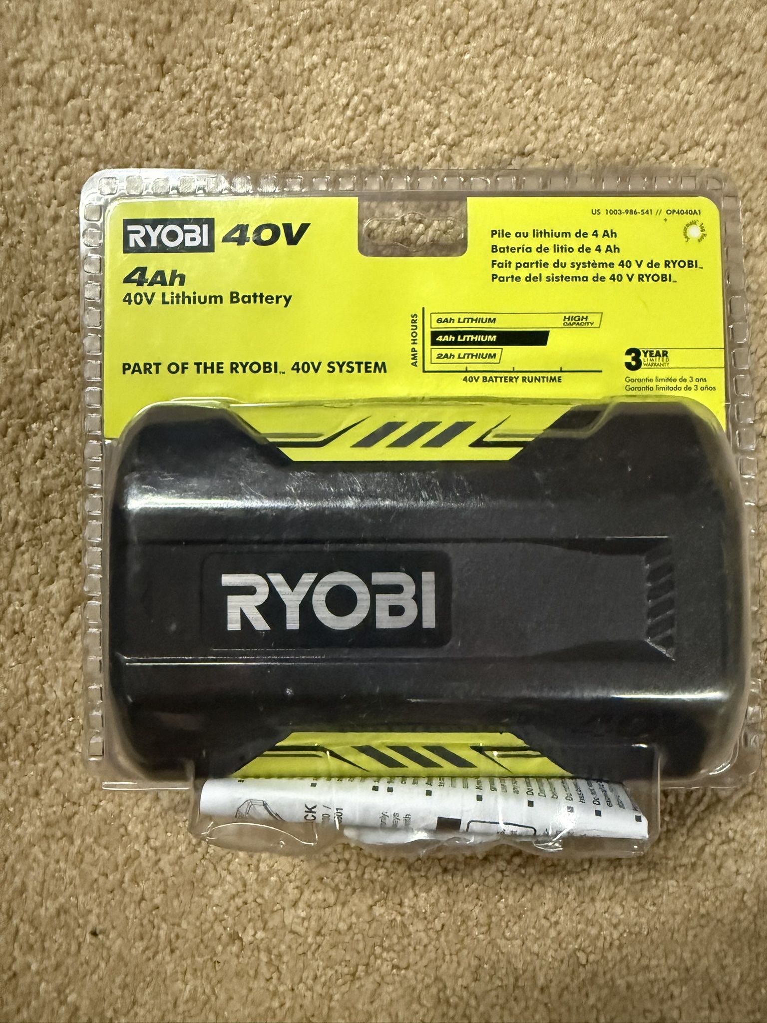 New 40v 4ah Ryobi Battery  / Great For Their Snowblowers  And Lawnmowers