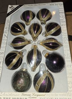  Hand Laquered Glass Ornament Set Of 12 Purple & Gold