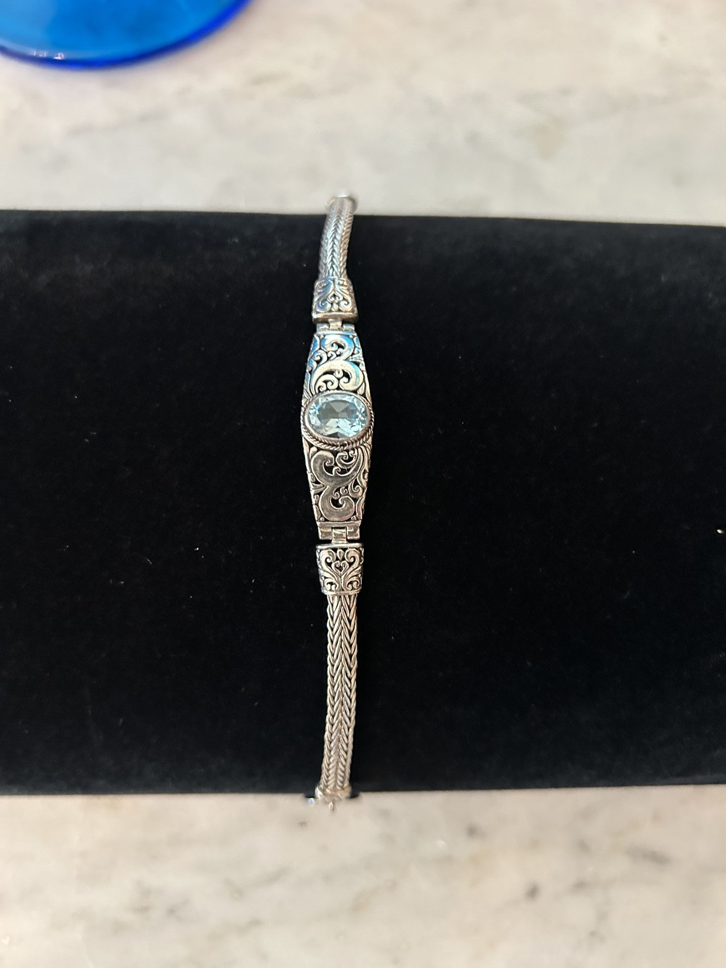 New ATI 925 ID Aquamarine Braided & Filagree Bracelet 