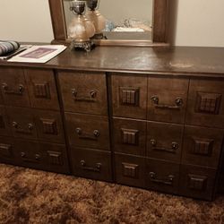 Dresser  - Vintage w/ Large Mirror. Custom Made, Heavy Solid Wood With 9 Drawers. 