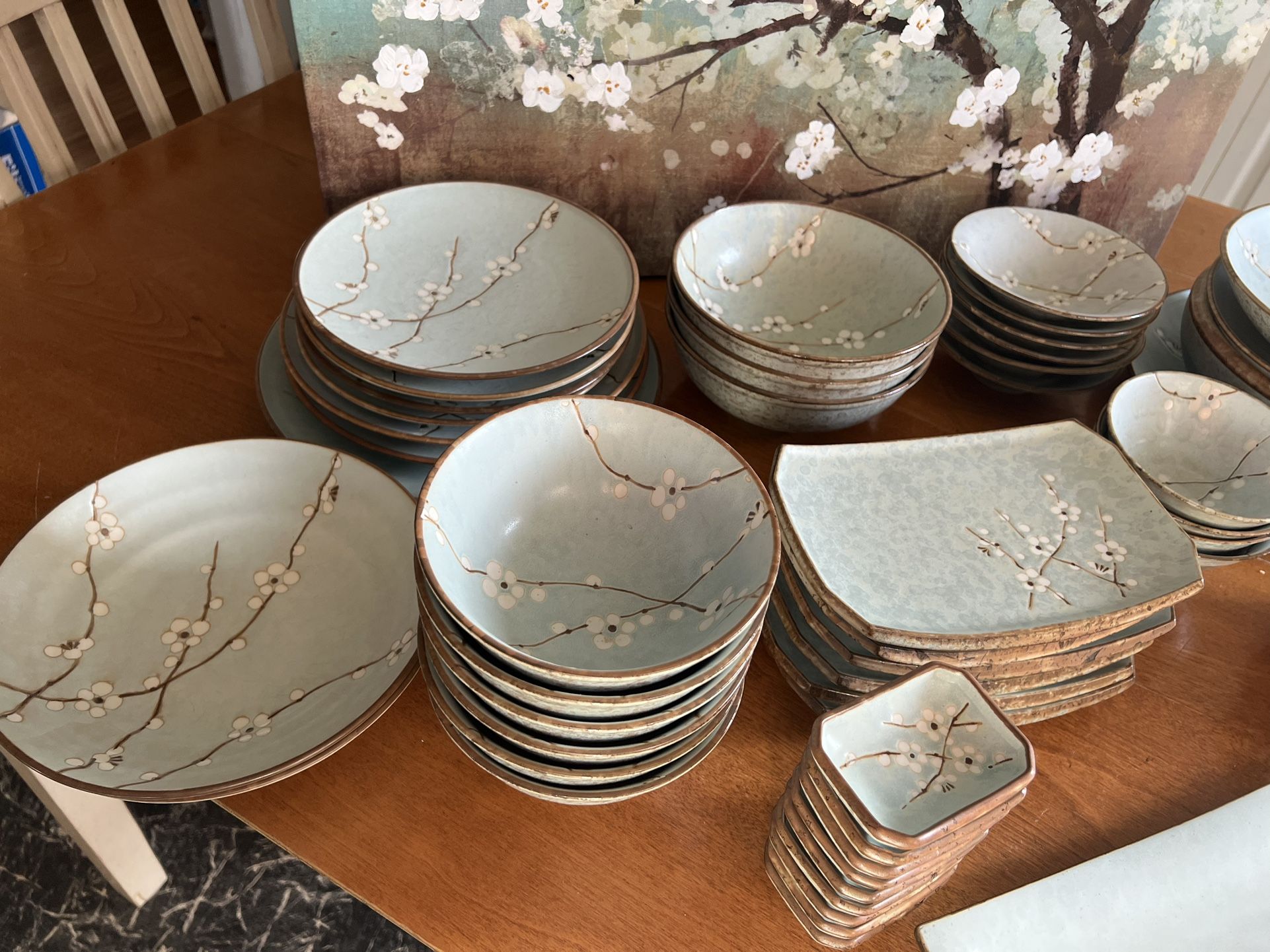 Ceramic white cherry blossom branch Dinnerware set with matching canvas Included