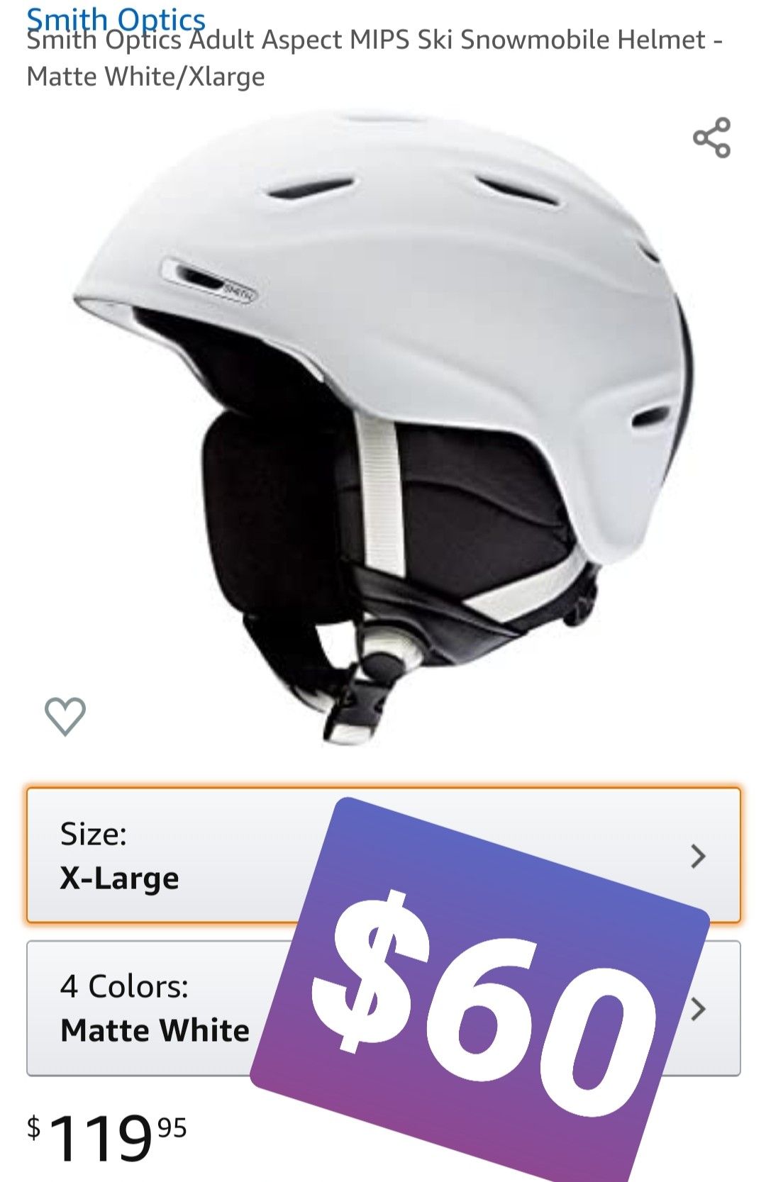 Smith Optics Adult Aspect MIPS Ski Snowmobile Helmet - Matte White/Xlarge , Casco