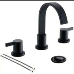 Phiestina Matte Black Waterfall Widespread 8 in. 3 Holes 2 Handles Bathroom Faucet with Copper Drain and Valve